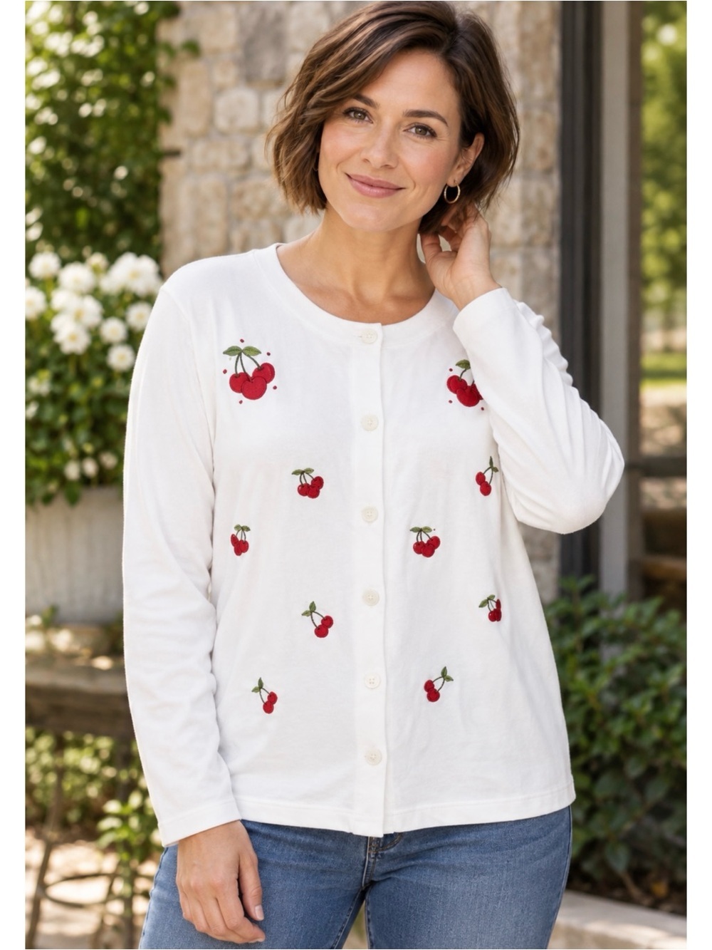 VINTAGE BRECKENRIDGE White Embroidered Cherry Print Button Front Cardigan Large